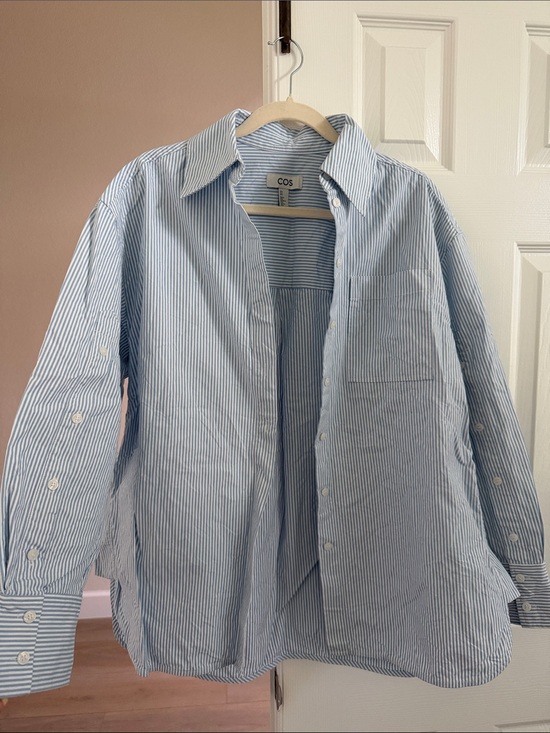 COS Tops - COS Light Blue and White Stripe Cotton Button-Down Shirt